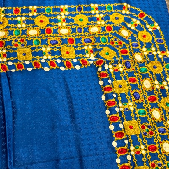 Authentic CHANEL Blue Scarf with Gold and Red Accents